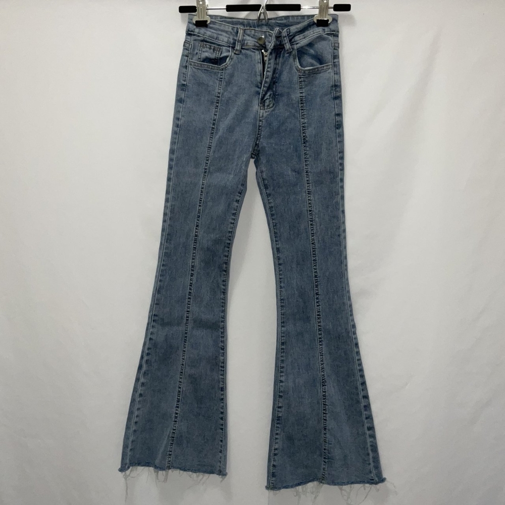 medium washed blue denim flare jeans